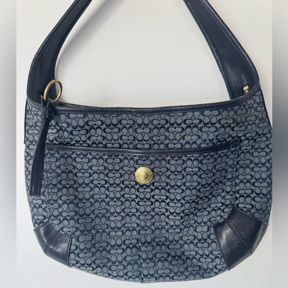 Vintage Coach Blue Signature Canvas Shoulder Bag with Navy Leather Trim